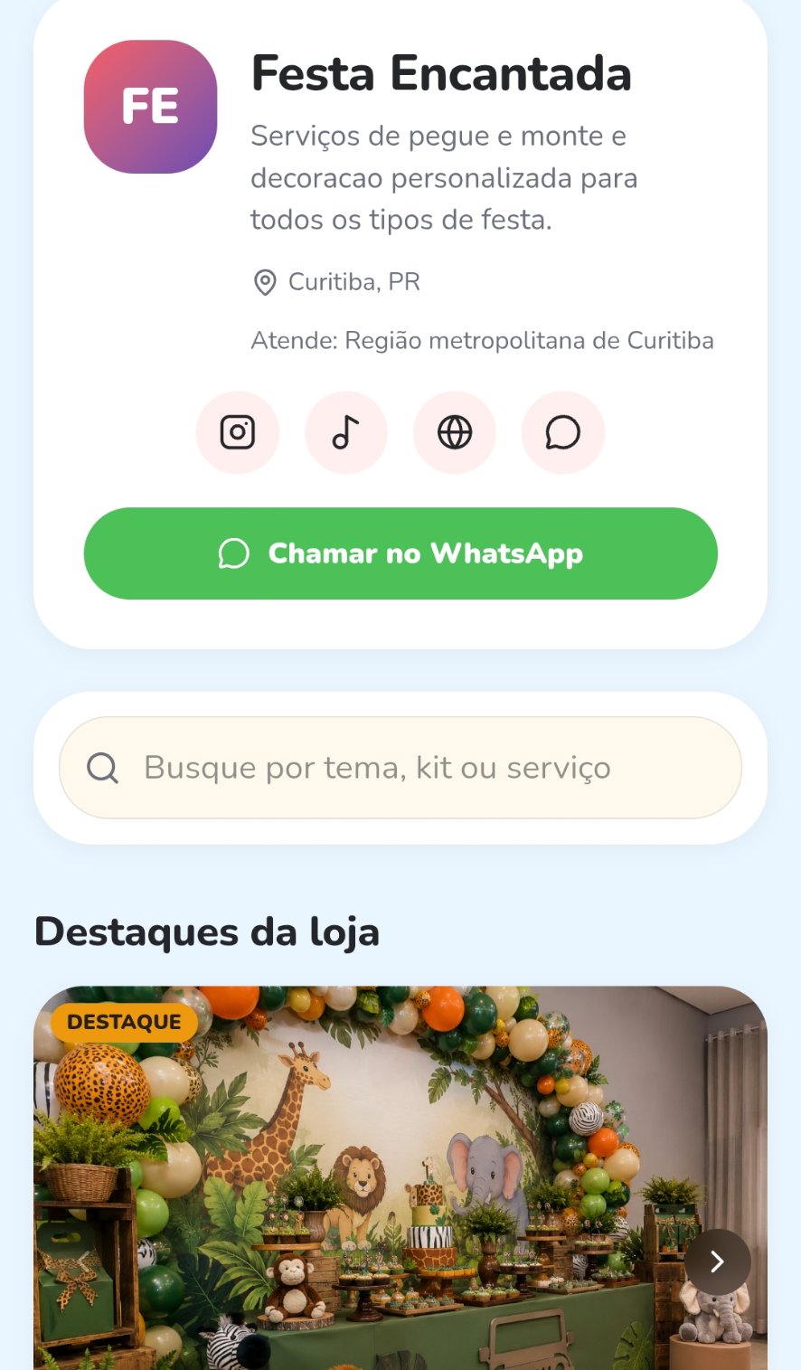 Catálogo público de uma loja no PedeFesta com produtos em destaque e botão para WhatsApp.