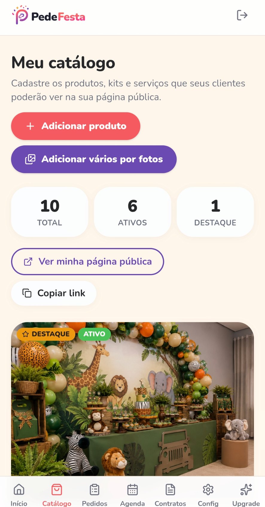 Tela Meu catálogo mostrando produtos ativos, destaques e botão para adicionar produtos.