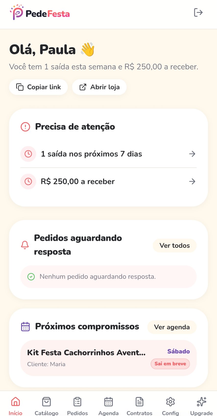 Tela inicial do PedeFesta mostrando pendências, próximos compromissos e valores a receber.