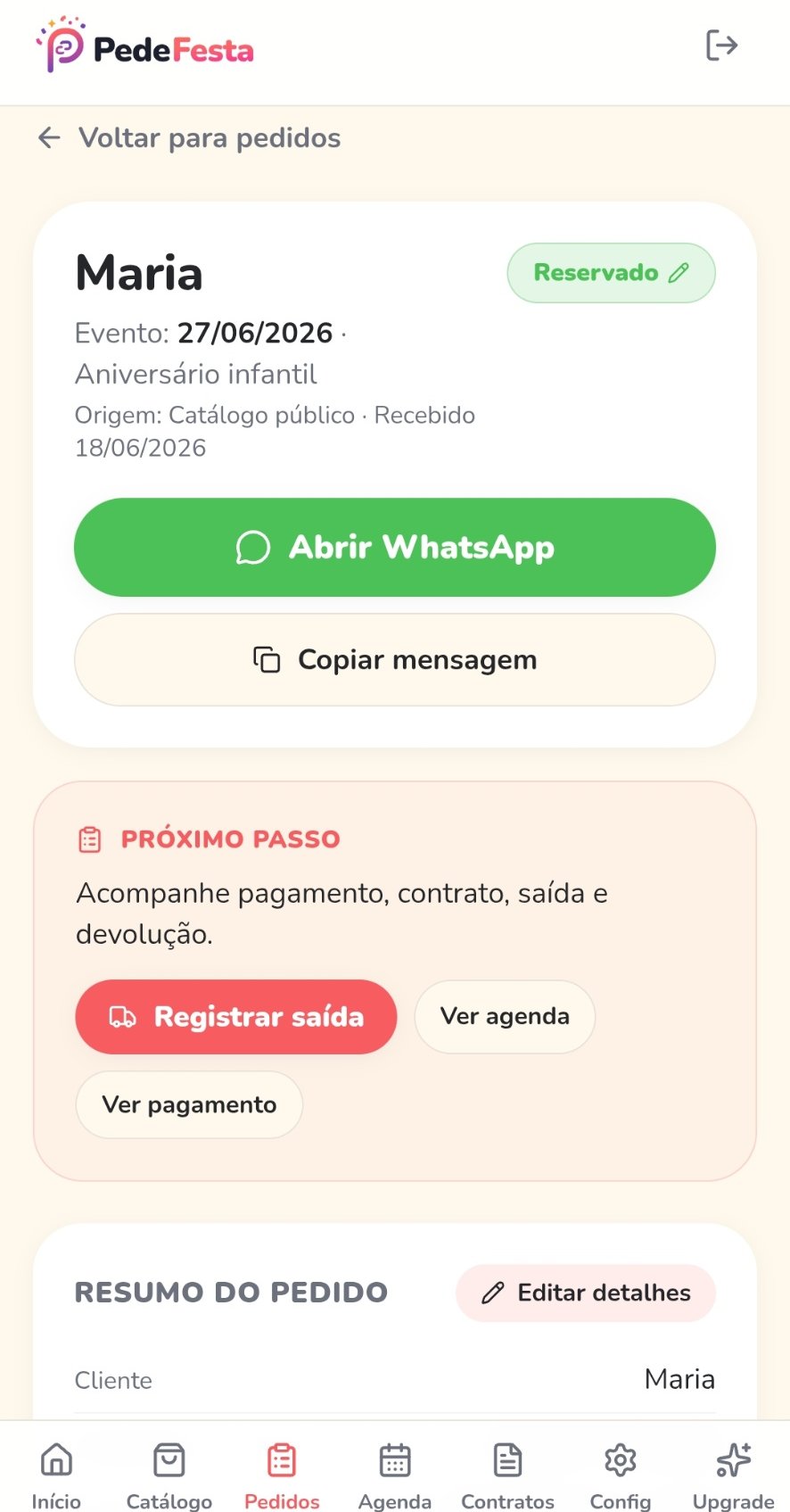 Tela de pedido no PedeFesta com status, botão de WhatsApp e próximo passo.